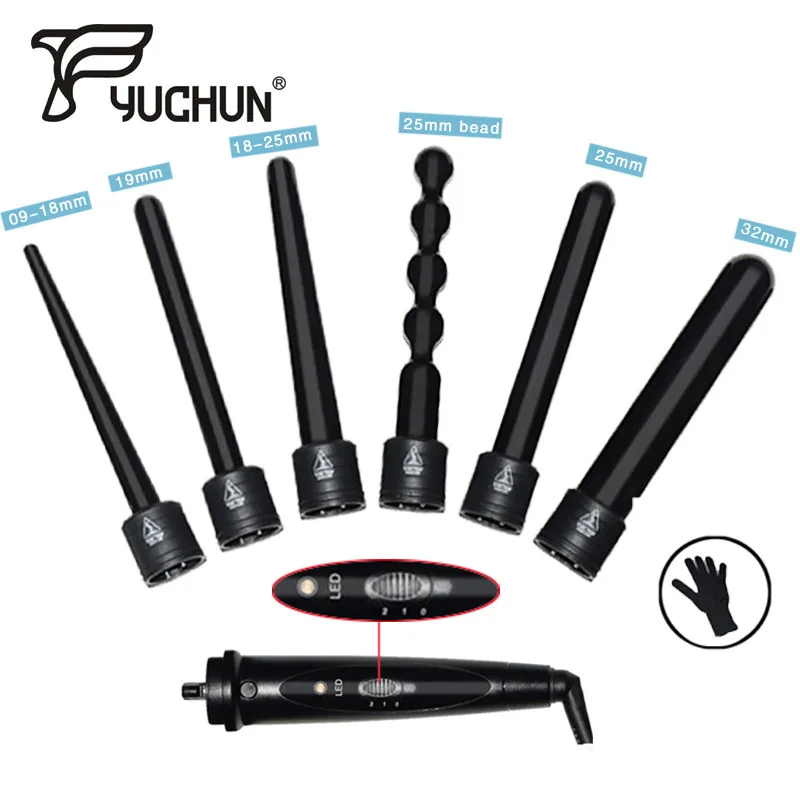 

6 in 1 Curl Stick Hair Straightener Curler Multifunction Digital LCD Display 6 Interchangeable Rods with Heat-Resistant Glove