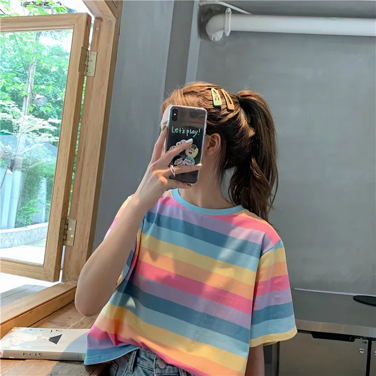 Женские футболки Япония Ulzzang прекрасный свободный Радужный полосатый короткий