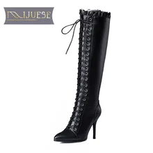 MLJUESE/ г. женские сапоги до колена теплые зимние сапоги из телячьей кожи Высокие сапоги черного цвета с острым носком из короткого плюша размер 40