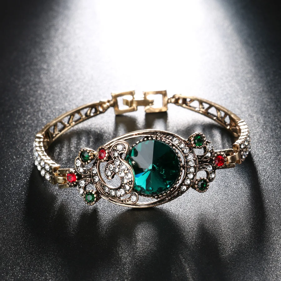 Luxury Vintage Green Satellites Bangles Antique Gold Color Colorful Crystal Turkish Bracelets For Women Bijouterie crystal bracelet