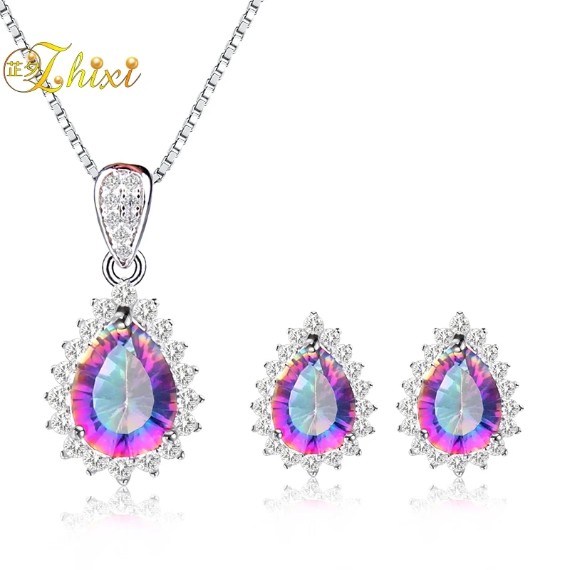 

ZHIXI Natural Gem Crystal Jewelry Set Necklace Pendant Earrings 925 Silver Charming Shining Gift For Women Girl T239DE