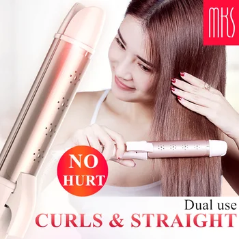 

100-240V 2 IN 1MKS Professional Hair Straightener Flat Iron Curling Irons Straight Hair Styling Tourmaline Ceramic Heating Plate