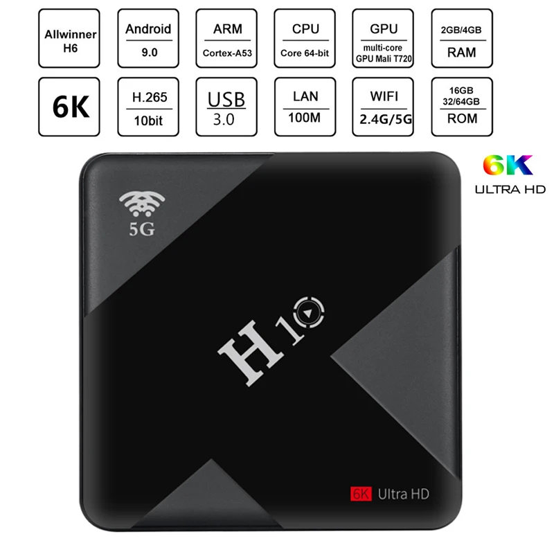 Новинка! H10 Android 9,0 Smart tv Box 4 Гб 64 Гб Allwinner H6 четырехъядерный 6K Dual 2,4G/5G Wifi USB 3,0 Netflix телеприставка медиаплеер
