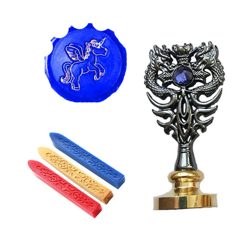 Винтажная сургучная Печать комплект печатей Единорог бег металлический Дракон ручка свадебные приглашения Подпись специальная печать штамп(дракон черный