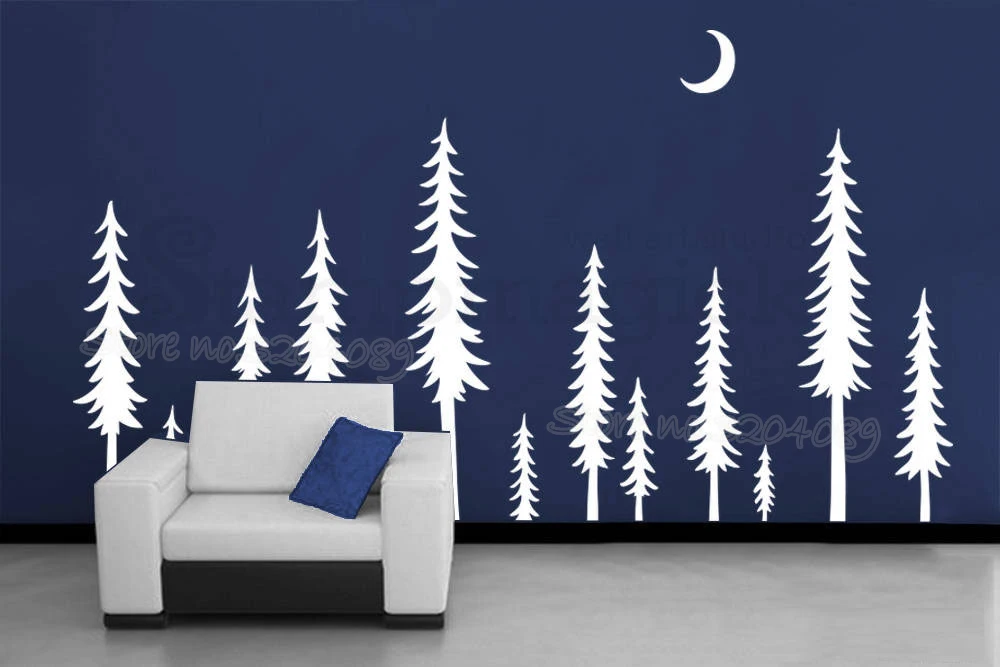 

Huge tree Pine Tree Forest Wall Sticker Moon Landscape Pine Trees Night Scene Vinyl Christmas Tree decal Nature Home Decor EA722