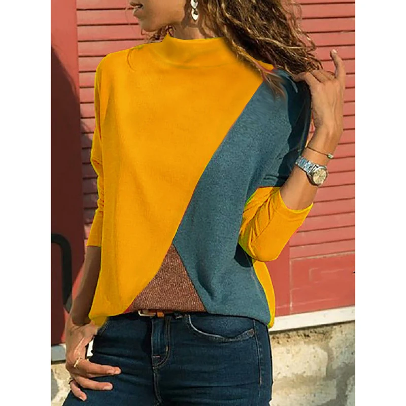 

Autumn Turtleneck Color Block Shirt Fashion Patchwork Womens Tops and Blouses Harajuku Plus Size Blouse Camisa Feminina SJ1163M