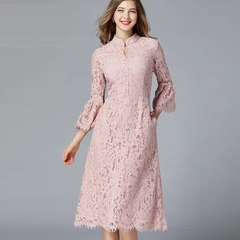 

Ladies elegant long lace dress female hollow out pinched waist party dresses mandarin collar flare sleeveS longos vestidos L-5XL