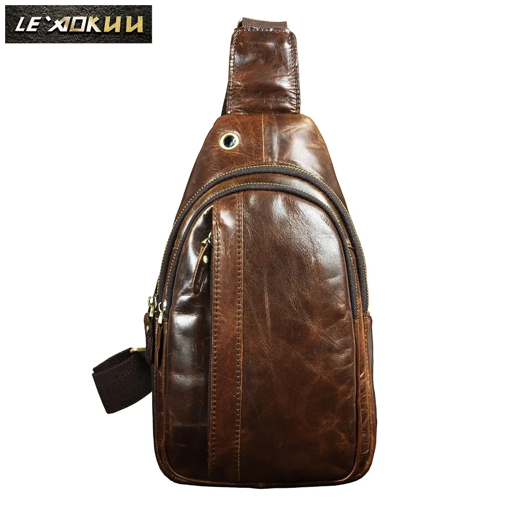 

New Leather Men Casual Fashion Travel Triangle Chest Sling Bag Coffee Design 8" Tablets One Shoulder Strap Bag Daypack Male 010c