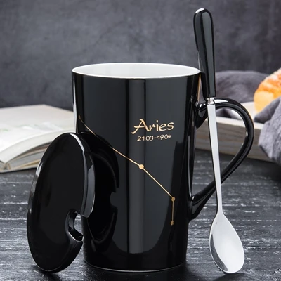 12 созвездий керамическая кружка для кофе с молоком 420 мл многоразовая офисная чашка с ложкой для чая черный фарфор посуда для бара подарок - Цвет: Aries