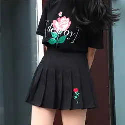 2017 Для женщин Harajuku женские весенние корейские роз вышитые плиссированные студентов талии юбки женские милые корейские Kawaii Юбки для женщин