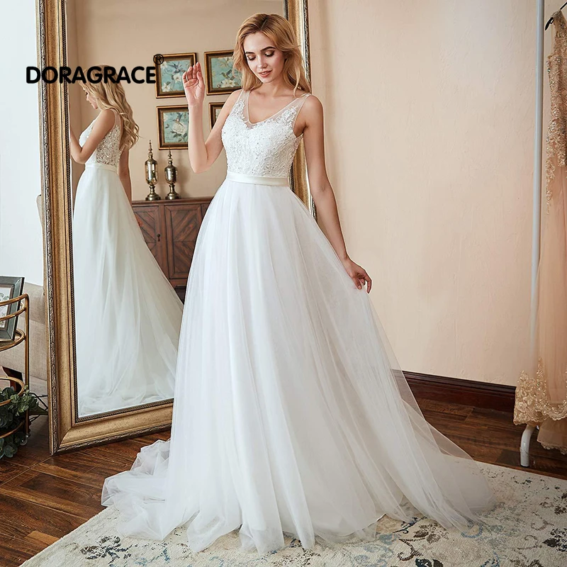 Doragrace Simple Elegant A-Line V-Neck Long Lace Chiffon Beach Wedding Dresses
