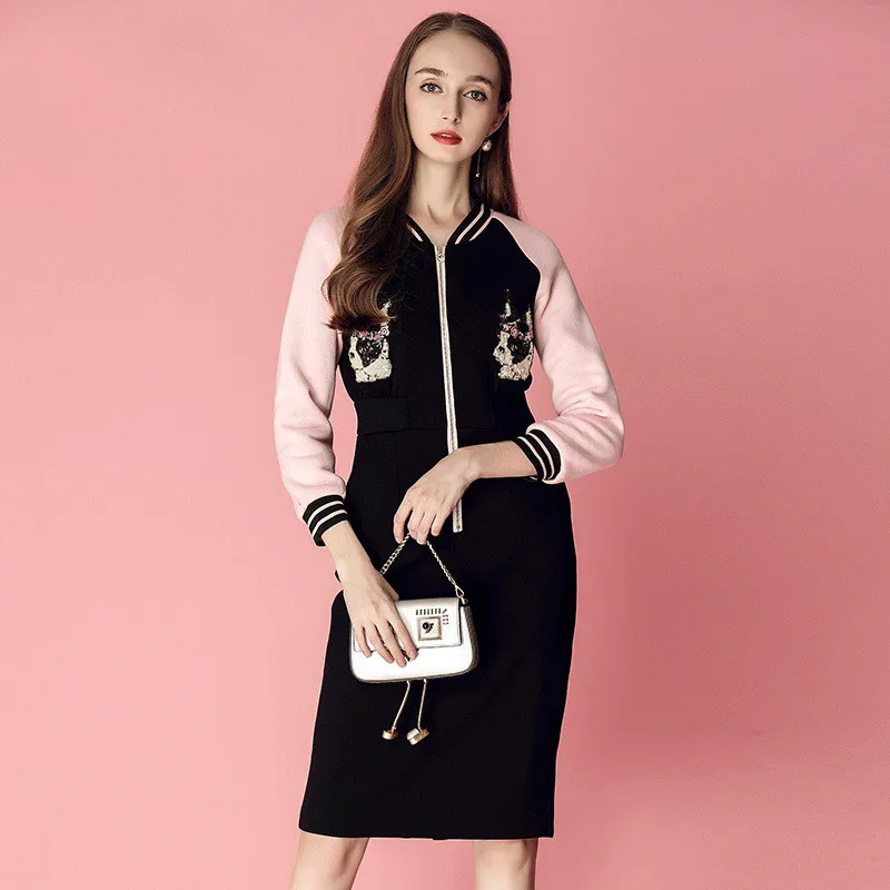 Fashion New Year Women Baseball Dress Casual Sequins Embroidered Long