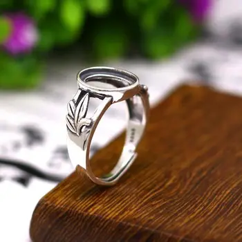 

925 Sterling Silver 8x11mm Oval Cabochon Semi Mount Engagement Ring Women Jewelry Leaf Vintage Retro Adjustable Open DIY Stone