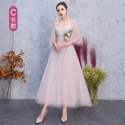 KBS093# серые, розовые вечерние платья для выпускного вечера, новые весенне-летние платья подружки невесты, платье средней длины для сестры, платье для выпускного вечера, короткое - Цвет: C  Pink Long 128