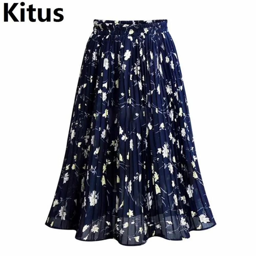 Print Floral Midi Skirt for Women Black Elastic Pleated A Line skirt XL