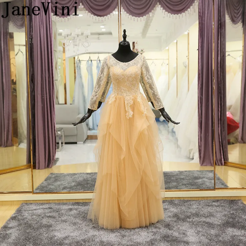 

JaneVini Vestidos Gold Long Sleeve Ladies Long Party Dress Godmother Lace Sequined Formal Tulle Mother Of The Bride Dresses 2018