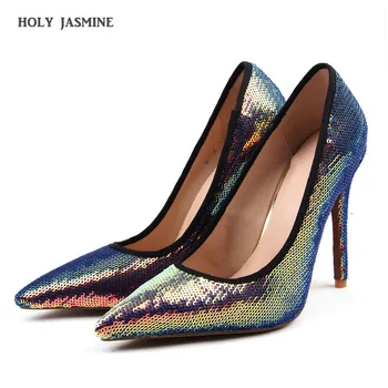

2019 New Arrival Autumn Women's Fashion Solid Sequined Cloth Shallow Party Shoes Sexy Pointed Toe High Heels 11cm Women Shoes