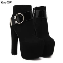 Large Metal Buckle Decoration 16CM High Heels Ankle Boots Woman Winter Female Sexy Thick Heels Boots