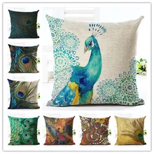 Fashion Style High Quality  Home Decor Cushion Cover Decorative Peacock Feather Printed Throw Pillowcase Cojines Almofada