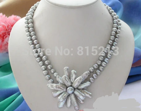 

Hot sell Noble- hot sell new - HOT1478 2row 7-8mm round gray pearl biwa pearl Weave flower necklace