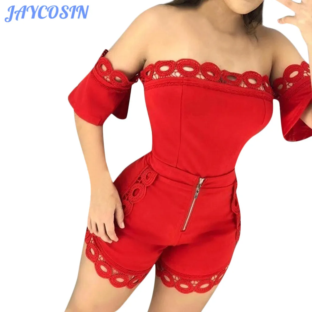 

JAYCOSIN Women Set Clothes Plus Size 3XL Solid Color Two Piece Set Off Shoulder Tops And Shorts Zipper Lace Patchwork Outfits