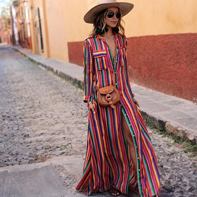 VIEUNSTA Винтаж в радужную полоску Boho Maxi Dress Для женщин кнопку сбоку Разделение длинное платье Повседневное отложной воротник осенние платья 3XL - Цвет: Red