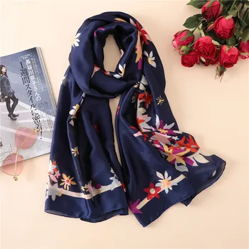 

2018 Women Fashion Spain Navy Floral Silk Scarf Lady Luxury Brand Wraps and Shawls Female Pashmina Stole Foulards Hijab Snood