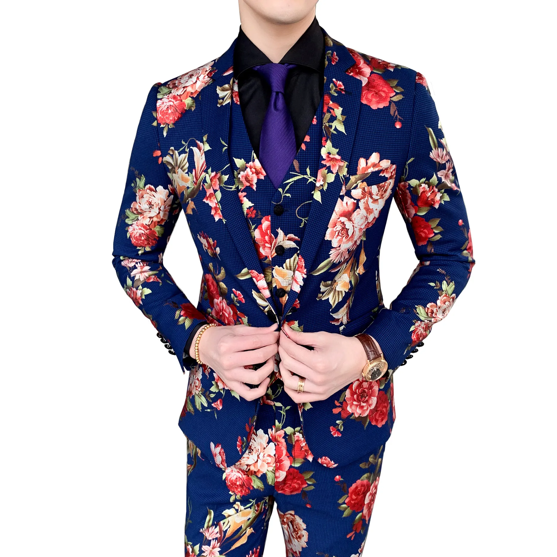 

Men's suits bright flowers designer blazer high-end slim banquet party personality gentleman suit three-piece jacket vest pants