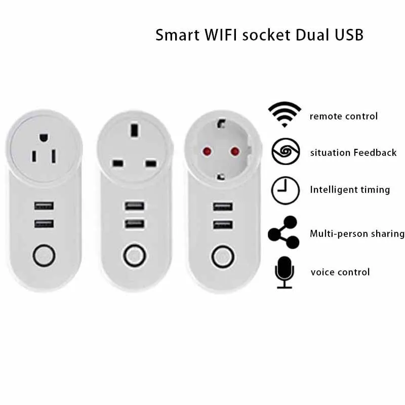 Wi-Fi умная розетка Dual USB зарядное устройство на стене адаптер 10A EU/US/UK Стандартный электрическая штепсельная розетка мощность Outlet панель 90-265 в