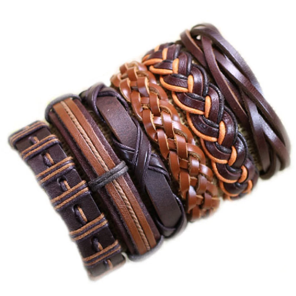 

6Pcs Hand-woven Unisex Leather Bracelet Bangle Cuff Braided Ethnic Tribal Surfer Wrap Adjustable Rope Bracelet For Men Women H74