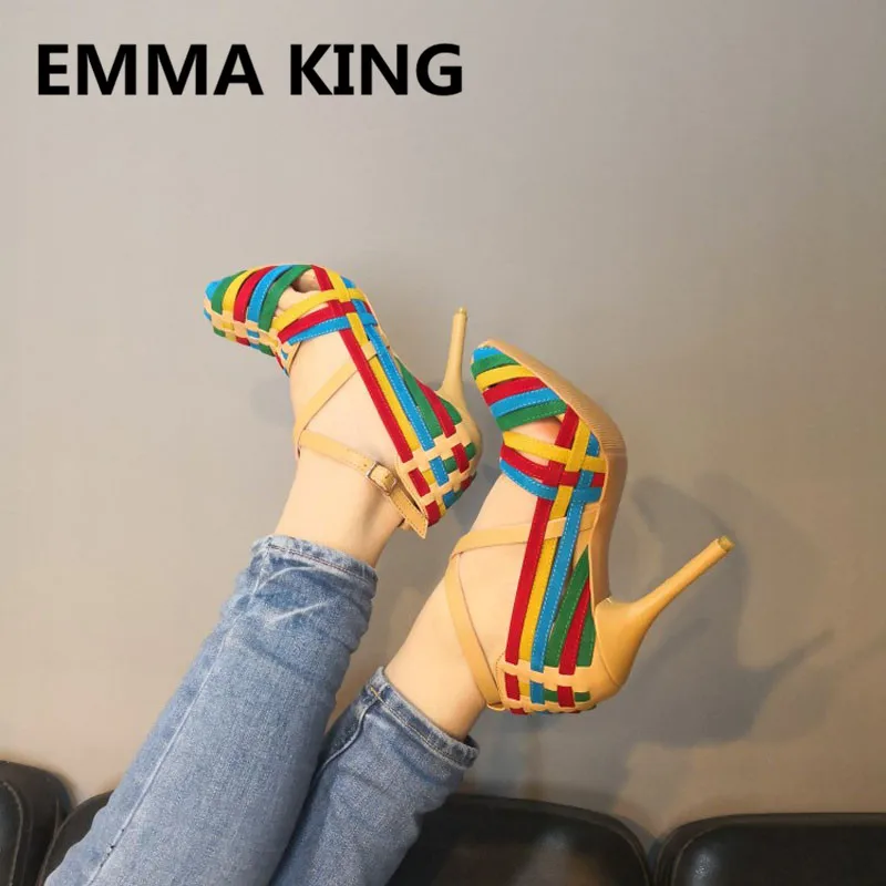 

New Rainbow Color Round Toe Gladiator Pumps For Women Spring Summer Hollow Ladies Platform Shoes Woman Sexy Stiletto High Heels