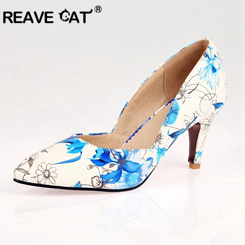 

REAVE CAT Women pumps 7cm High heel Shoes woman Pointed toe Spike heel Floral print Spring summer office work shoes Big size 44