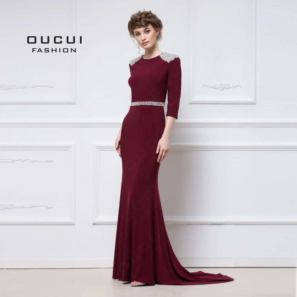 

Jersey Fabric 3/4 Sleeves Sparkling Handmade beading With Stones Mermaid Muslim Prom Dresses Party Evening OL102901