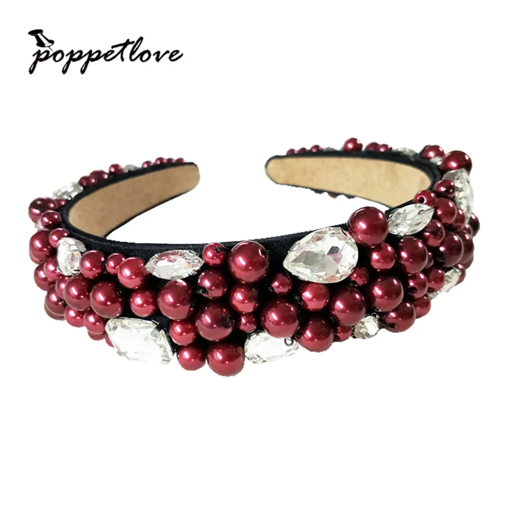 New Crystal Full Pearl Hair Bands Hoop Unique Red Wine Wide Design Hairband Headbands For women