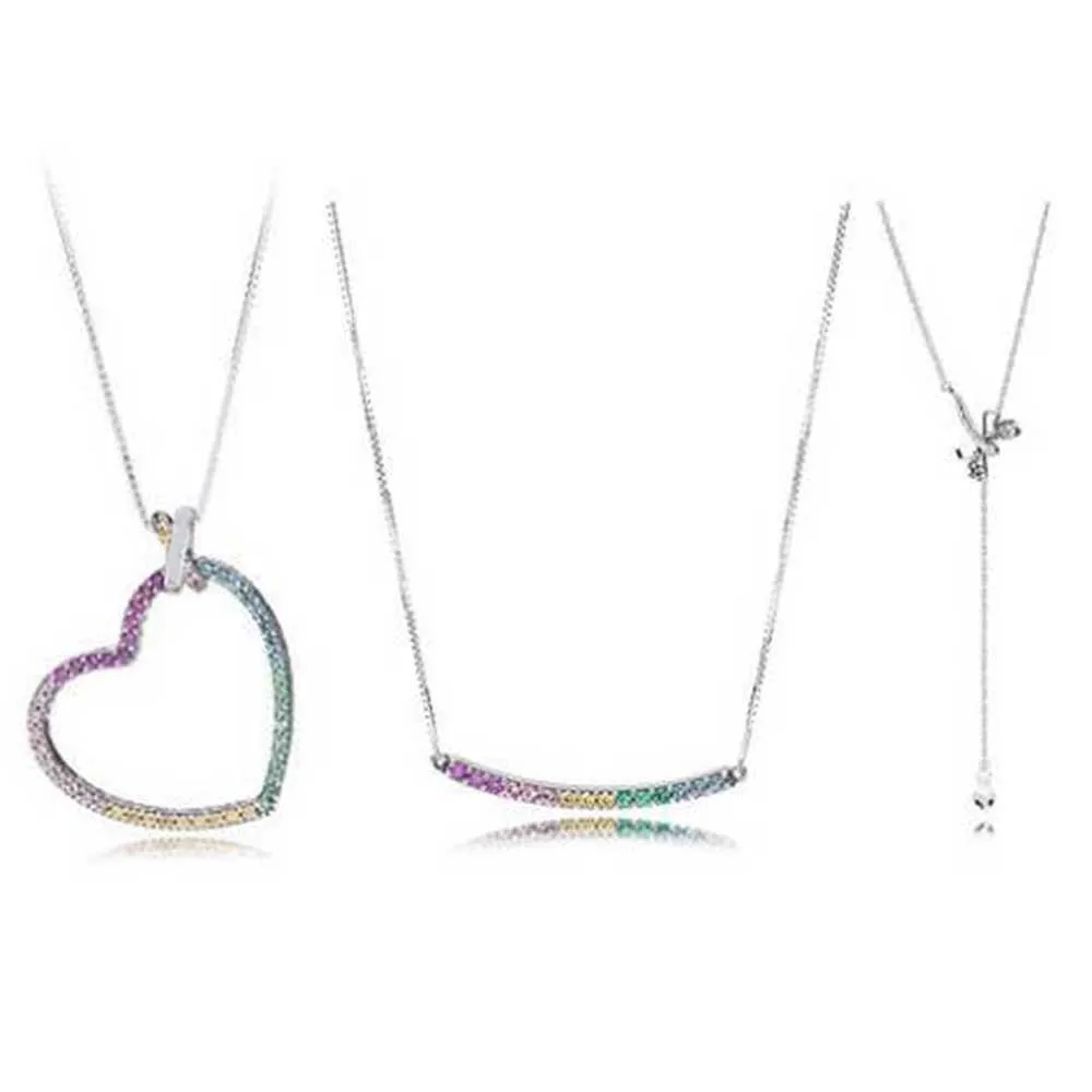 

100% Real 925 Sterling Silver Multi-Colored Heart Necklace Multi-Colored Curved Bar Necklace Dreamy Dragonfly Necklace For Women