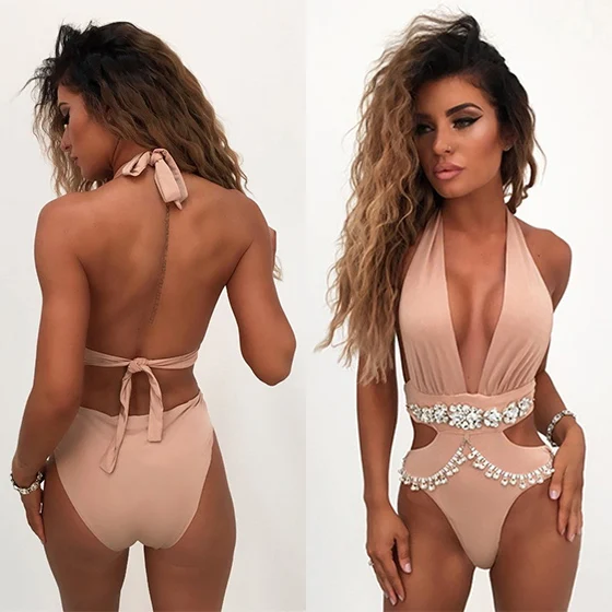

Womens One-Piece Deep V Neck Blingbling Crystal Bathing Suit Swimwear Bandage Bikini Push-up Padded swimsuit Bathing suit