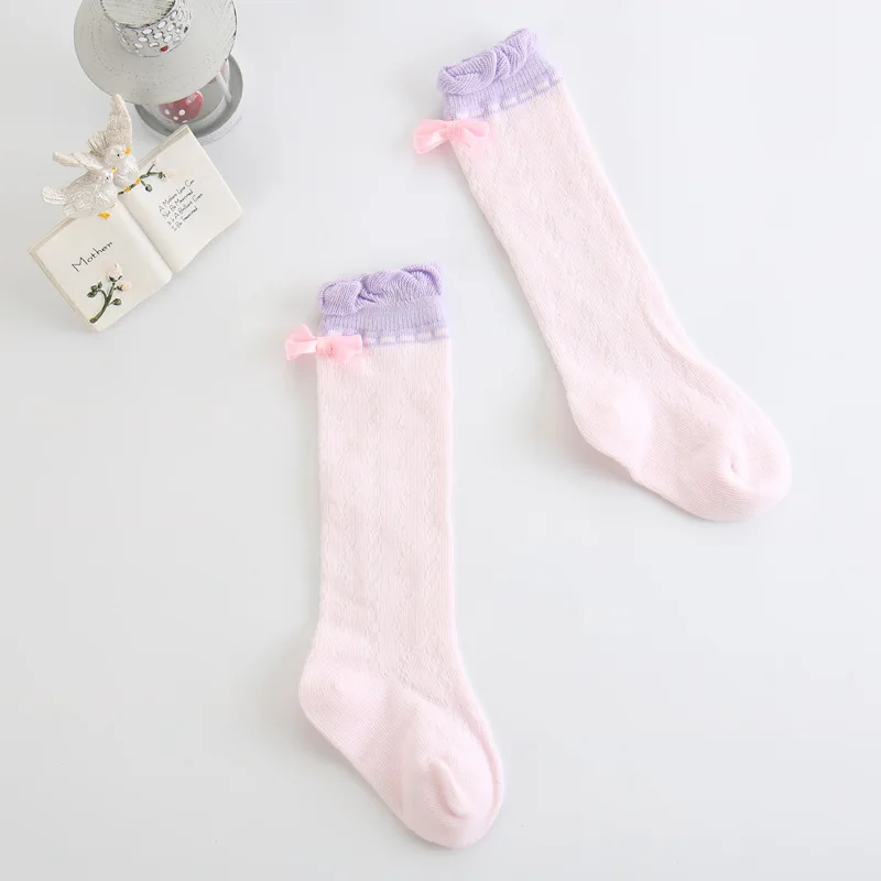 Изящные гольфы для девочек с бантами дышащие сетчатые носки принцессы Детские носки с кружевными рюшами Meias Детские длинные гольфы - Цвет: Розовый