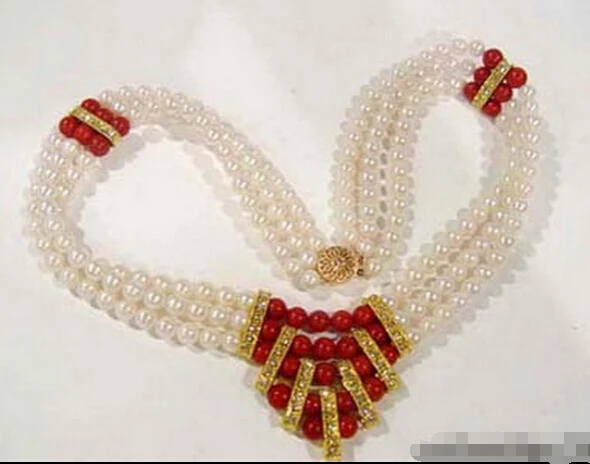 

Hot sale Free Shipping>>3 Rows Real White Pearl Red Coral 18KGP Crystal Clasp Necklace
