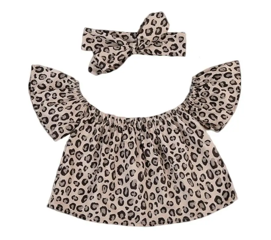 

Toddler Baby Girls Leopard Blouses Girls Kids Off-shoulder Shirt Top+Scarf Headband Outfits Set Summer Clothes