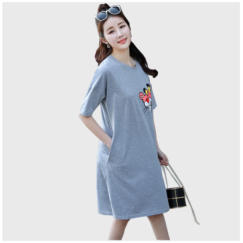 Cute Cartoon pattern Print Summer Long T-Shirt style Dress Boat Neck Short Sleeve 100 Cotton Maternity Dress Pregnancy Clothes