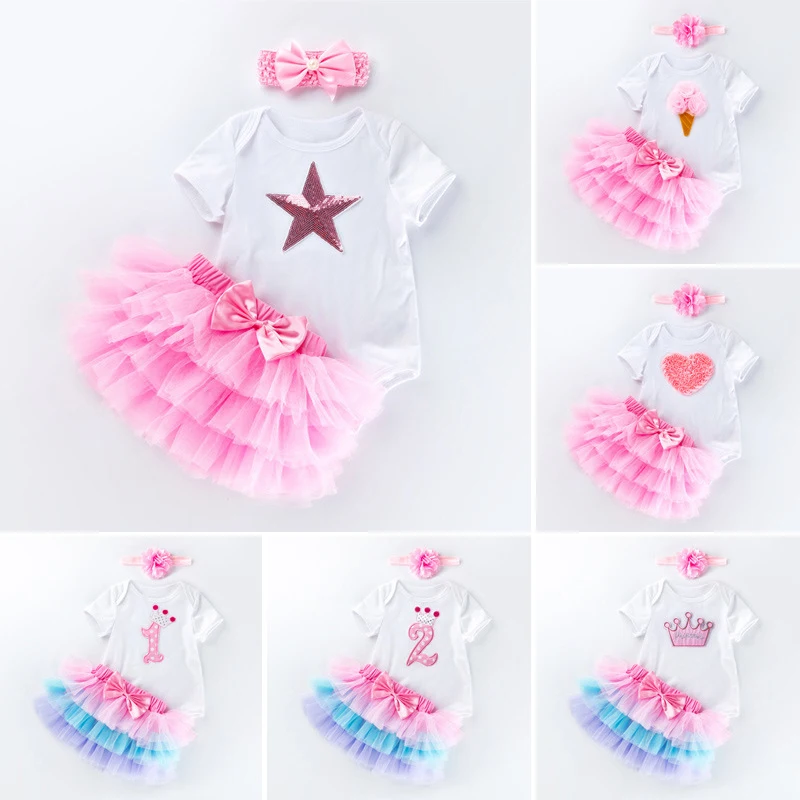 

Newborn Baby Girls Clothing Sets Birthday Romper Tutu Skirt with Headband Toddler Colorful Outfit Infant Summer Clothing 0-24M