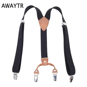 

AWAYTR Large Size Suspensorio for Children Navy Blue/Black/Purple Braces Elastic Suspenders Four Clips Strapless Pant Child Boy