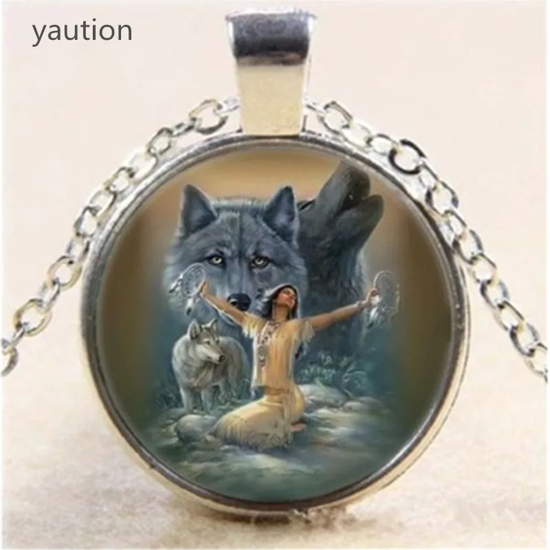 

1PCS Wolf Cabochon Glass Necklace Pendant silver plated Chain Necklace