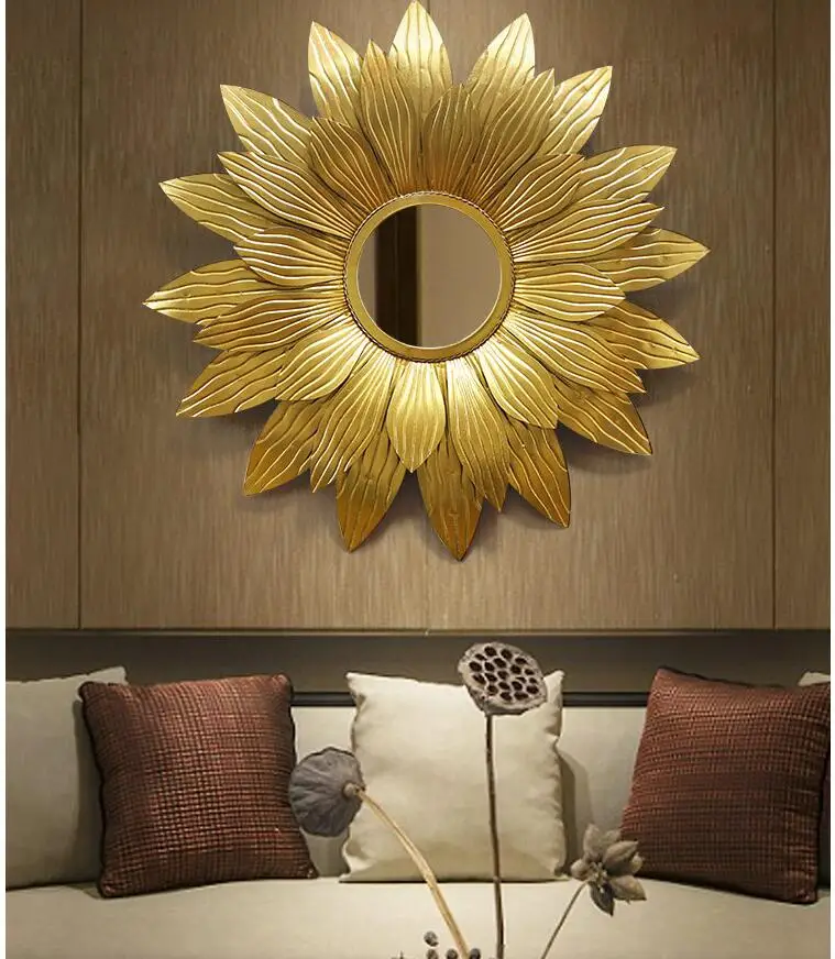 American Light Luxury Wrought Iron Gold Sun Flower Decorative Mirror Wall Hanging Pendant Aisle Background Wall Mural Crafts Art