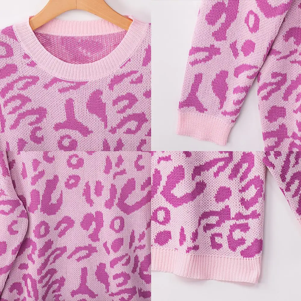 Женский свитер с круглым вырезом и леопардовым принтом, Осень-зима, Женский вязаный Свободный пуловер, длинная теплая одежда