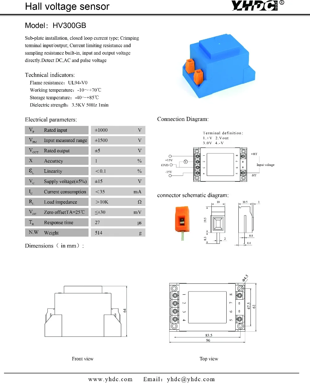 Hall датчик напряжения HV300GB вход 600 V-2000 V выход 5 V