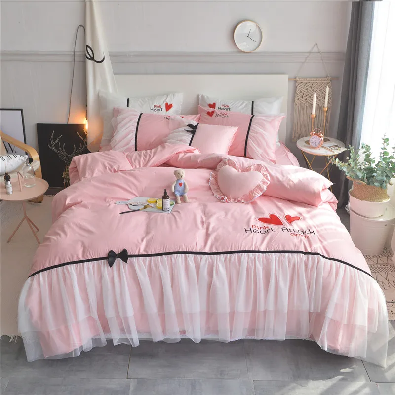 cheap Free shipping 100%cotton simple lovely princess bedding set 3 4pcs twin full queen king size bow red heart bed skirt set MR