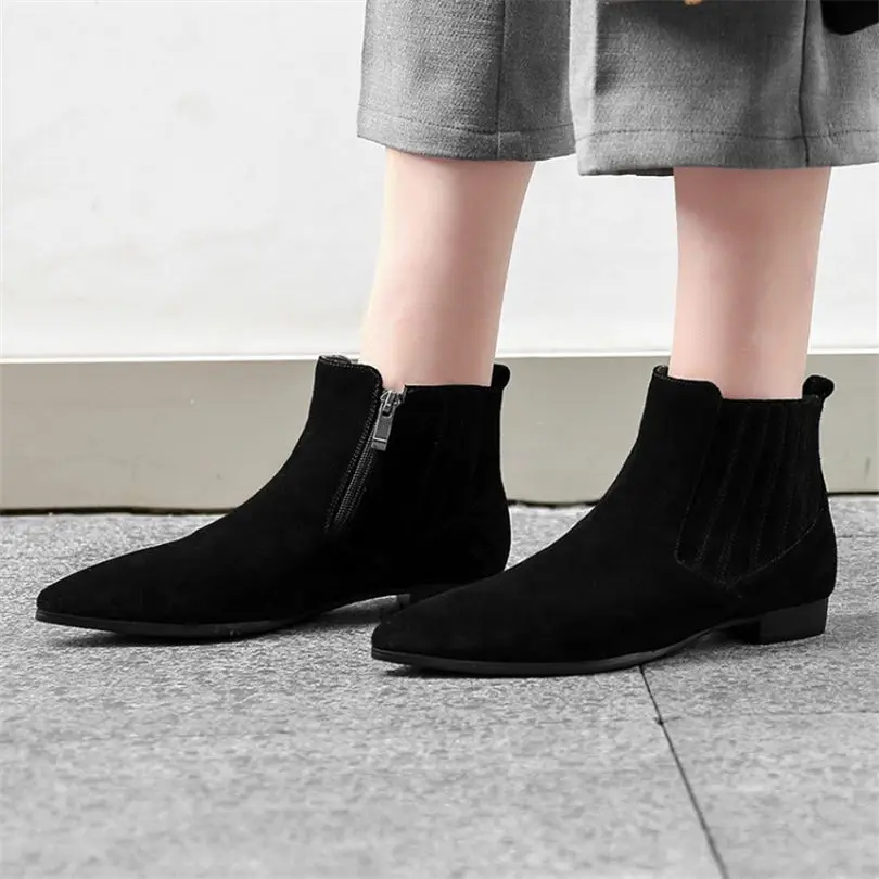 

NAYIDUYUN Women Black Grey Genuine Leather Low Heels Pointed Toe Chelsea Boots Winter Warm Shallow Party Oxfords Casual Shoes