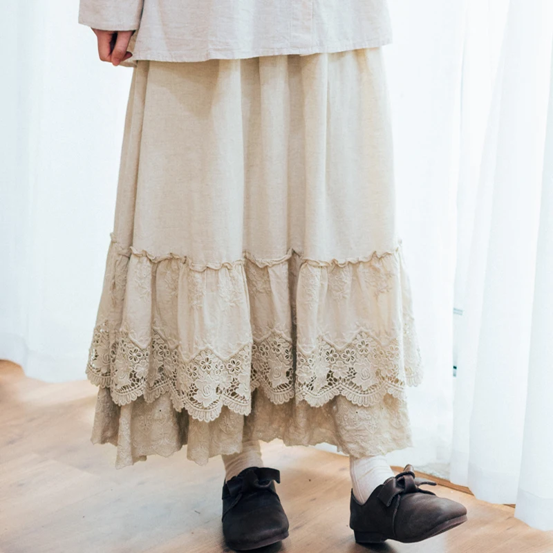 

Japan Style Mori Girl Lace Embroidery Long Skirt Forest Girl Lolita Retro Lace Cotton and Linen Elastic Waist Unique Skirt Saia