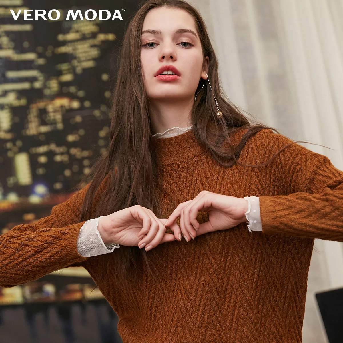 Vero Moda новые женские свитер женский ребристые круглый вырез водолазка нерегулярные подол чистый трикотаж | 318413614